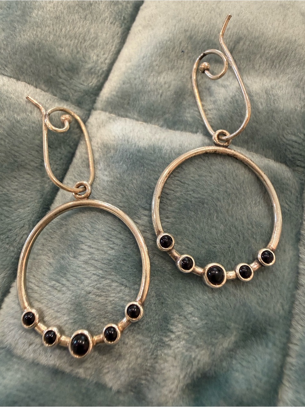 Pandora 925 ALE Sterling Silver Black Stone Hoop Drop Earrings NWOT